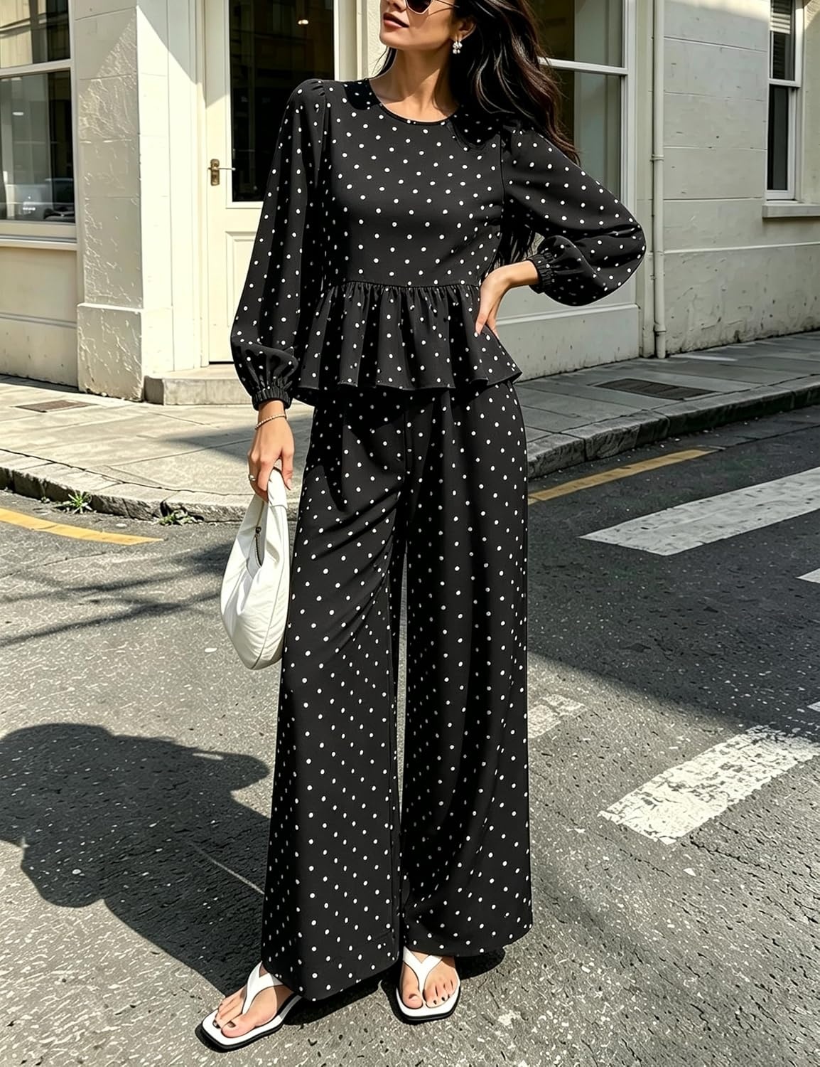 image:imageSpringrain Womens Polka Dot 2 Piece Set Wide Leg Pants Set Soft Breathable 100 Cotton Fabric Flattering Peplum Ruffle Hem Elastic Cuff Balloon Sleeves Functional side pocketsBlack