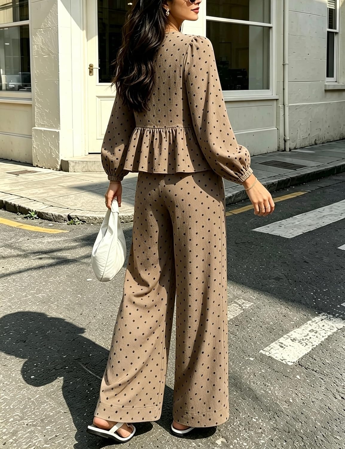 image:imageSpringrain Womens Polka Dot 2 Piece Set Wide Leg Pants Set Soft Breathable 100 Cotton Fabric Flattering Peplum Ruffle Hem Elastic Cuff Balloon Sleeves Functional side pocketsDarkkhaki