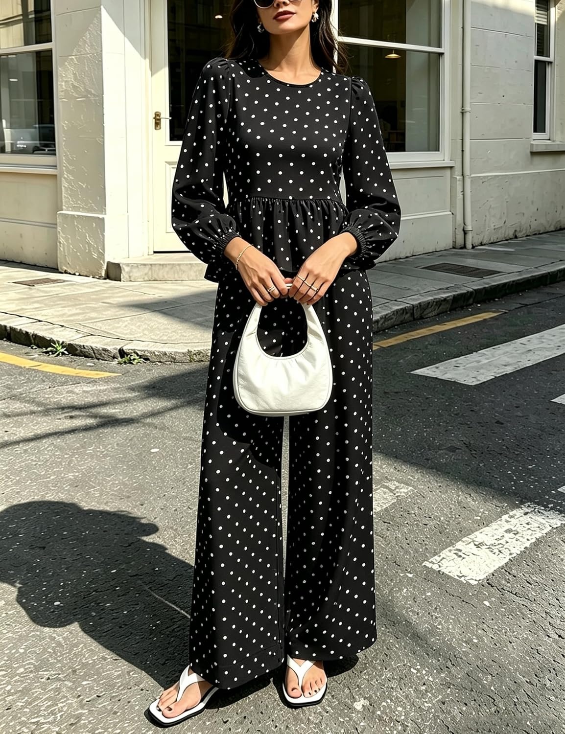 image:imageSpringrain Womens Polka Dot 2 Piece Set Wide Leg Pants Set Soft Breathable 100 Cotton Fabric Flattering Peplum Ruffle Hem Elastic Cuff Balloon Sleeves Functional side pocketsBlack