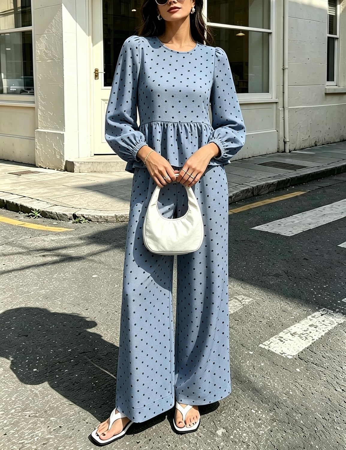image:imageSpringrain Womens Polka Dot 2 Piece Set Wide Leg Pants Set Soft Breathable 100 Cotton Fabric Flattering Peplum Ruffle Hem Elastic Cuff Balloon Sleeves Functional side pocketsBluegrey