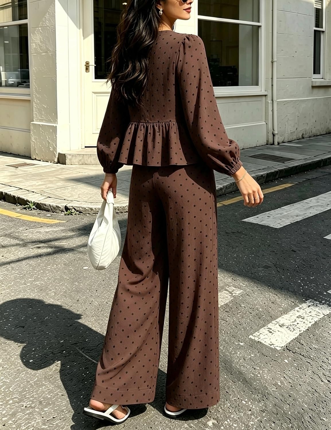 image:imageSpringrain Womens Polka Dot 2 Piece Set Wide Leg Pants Set Soft Breathable 100 Cotton Fabric Flattering Peplum Ruffle Hem Elastic Cuff Balloon Sleeves Functional side pocketsCoffee