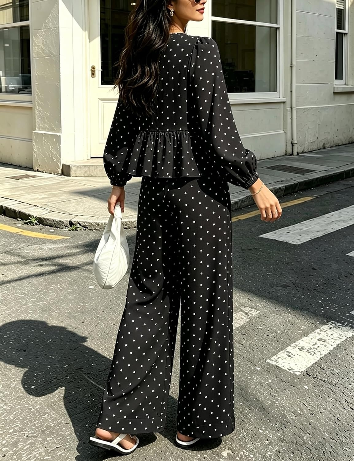image:imageSpringrain Womens Polka Dot 2 Piece Set Wide Leg Pants Set Soft Breathable 100 Cotton Fabric Flattering Peplum Ruffle Hem Elastic Cuff Balloon Sleeves Functional side pocketsBlack