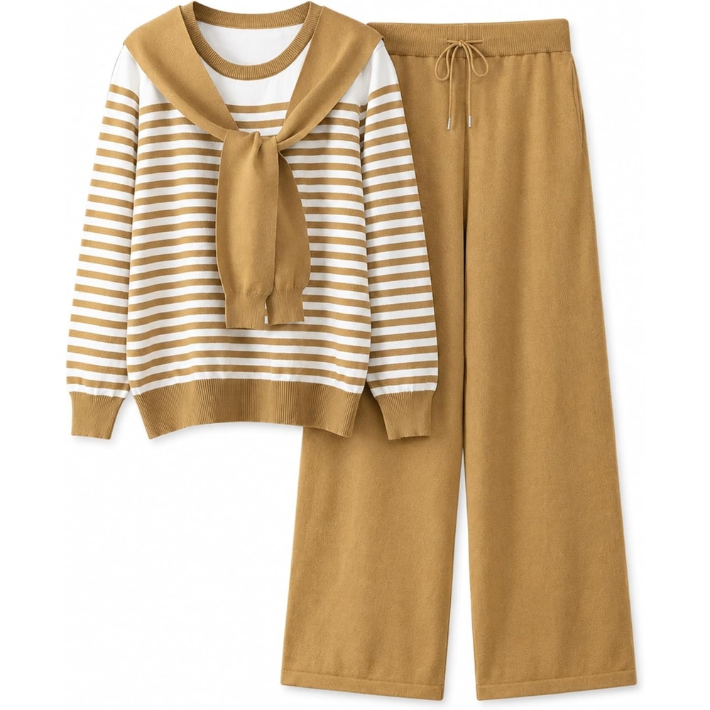 image:imageSpringrain Womens 2 Piece Outfits Lounge Sets Knit Sweatsuits  Sailor Collar Striped Long Sleeve Top Wide Leg Casual Pants Soft breathable Fabric Versatile relaxed casual styleBrown