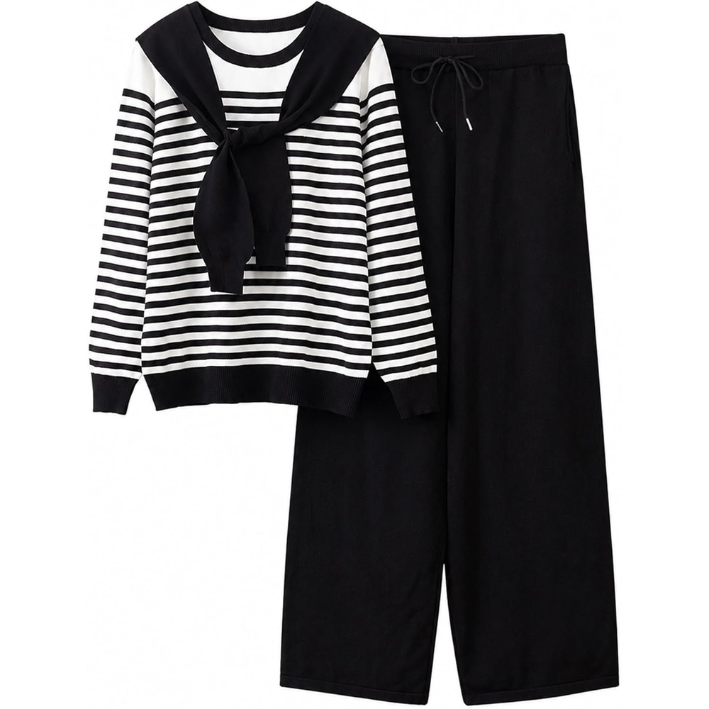 image:imageSpringrain Womens 2 Piece Outfits Lounge Sets Knit Sweatsuits  Sailor Collar Striped Long Sleeve Top Wide Leg Casual Pants Soft breathable Fabric Versatile relaxed casual styleBlack