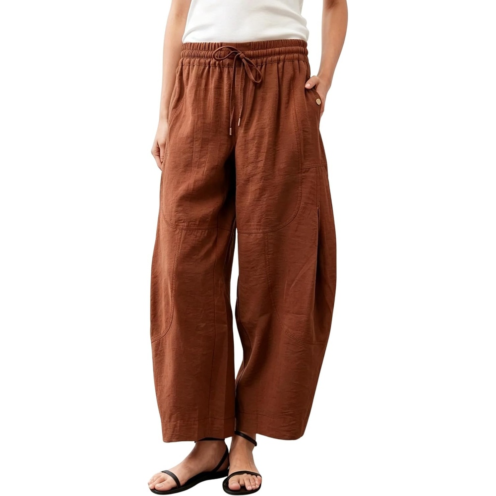 image:imageSpringrain Womens Barrel Cotton Linen Pants Drawstring Waist  Lightweight Breathable Material Functional Button Pockets Wide Leg Pants for Women Packable for Travel MultiScene WearRust