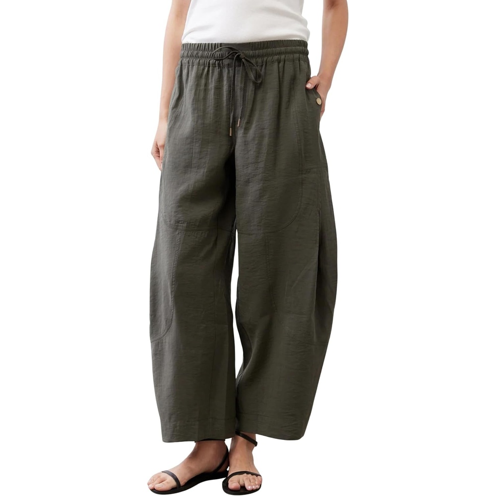 image:imageSpringrain Womens Barrel Cotton Linen Pants Drawstring Waist Lightweight Breathable Material Functional Button Pockets Wide Leg Pants for Women Packable for Travel MultiScene WearArmygreen