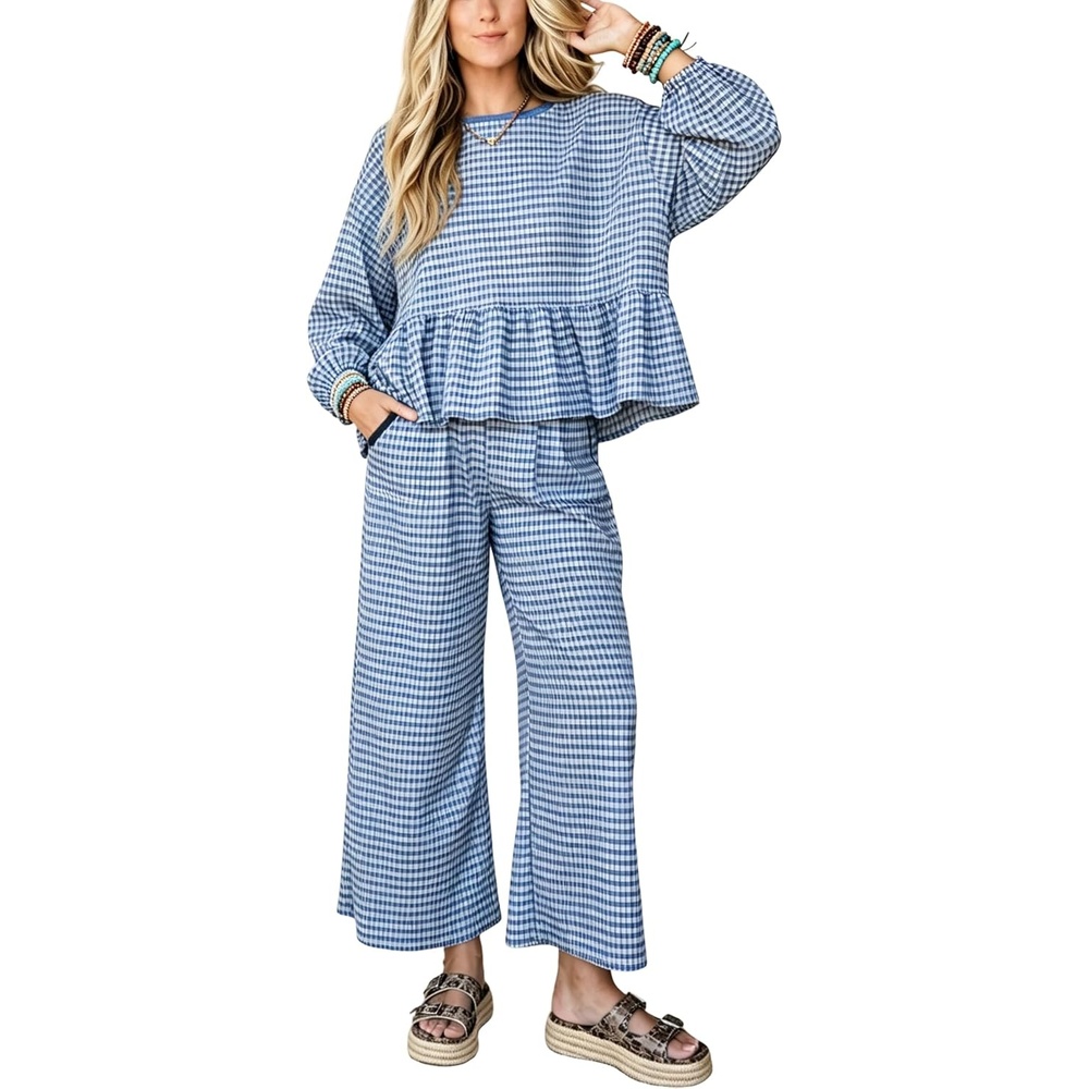 image:imageSpringrain Womens Gingham 2 Piece Outfits Wide Leg Lounge Set Peplum Ruffle Hem Side Pocket Wide Leg Pants Relaxed Balloon Long Sleeves Lightweight Fabric Drawstring Elastic WaistBlue