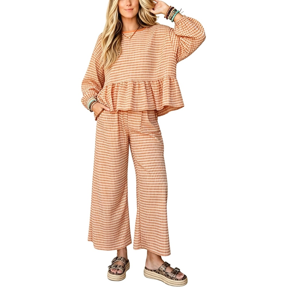 image:imageSpringrain Womens Gingham 2 Piece Outfits Wide Leg Lounge Set Peplum Ruffle Hem Side Pocket Wide Leg Pants Relaxed Balloon Long Sleeves Lightweight Fabric Drawstring Elastic WaistOrange