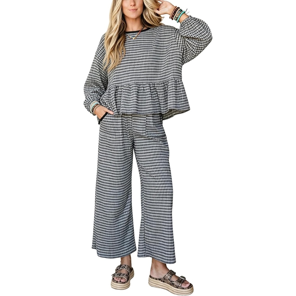 image:imageSpringrain Womens Gingham 2 Piece Outfits Wide Leg Lounge Set Peplum Ruffle Hem Side Pocket Wide Leg Pants Relaxed Balloon Long Sleeves Lightweight Fabric Drawstring Elastic WaistBlack