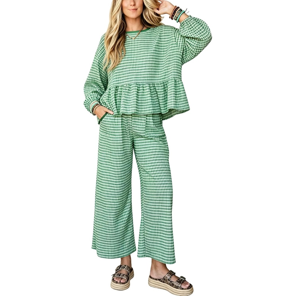 image:imageSpringrain Womens Gingham 2 Piece Outfits Wide Leg Lounge Set Peplum Ruffle Hem Side Pocket Wide Leg Pants Relaxed Balloon Long Sleeves Lightweight Fabric Drawstring Elastic WaistGreen