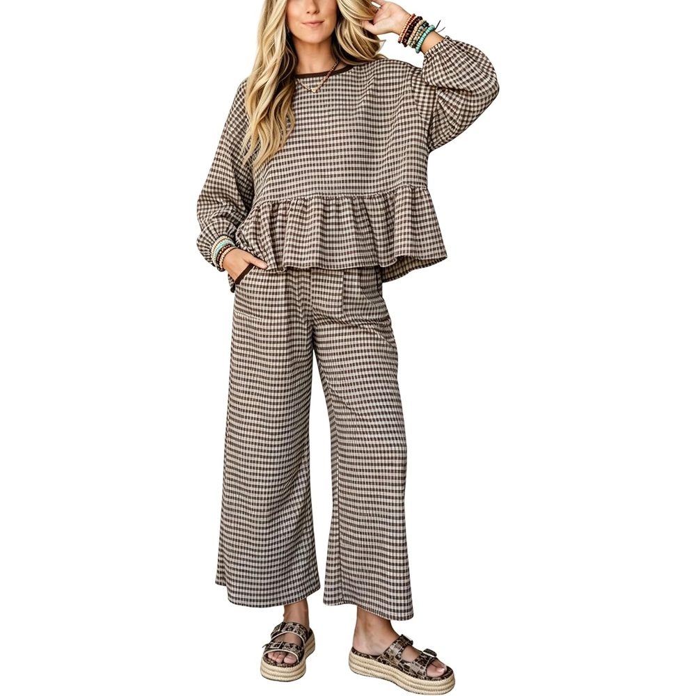 image:imageSpringrain Womens Gingham 2 Piece Outfits Wide Leg Lounge Set Peplum Ruffle Hem Side Pocket Wide Leg Pants Relaxed Balloon Long Sleeves Lightweight Fabric Drawstring Elastic WaistCoffee