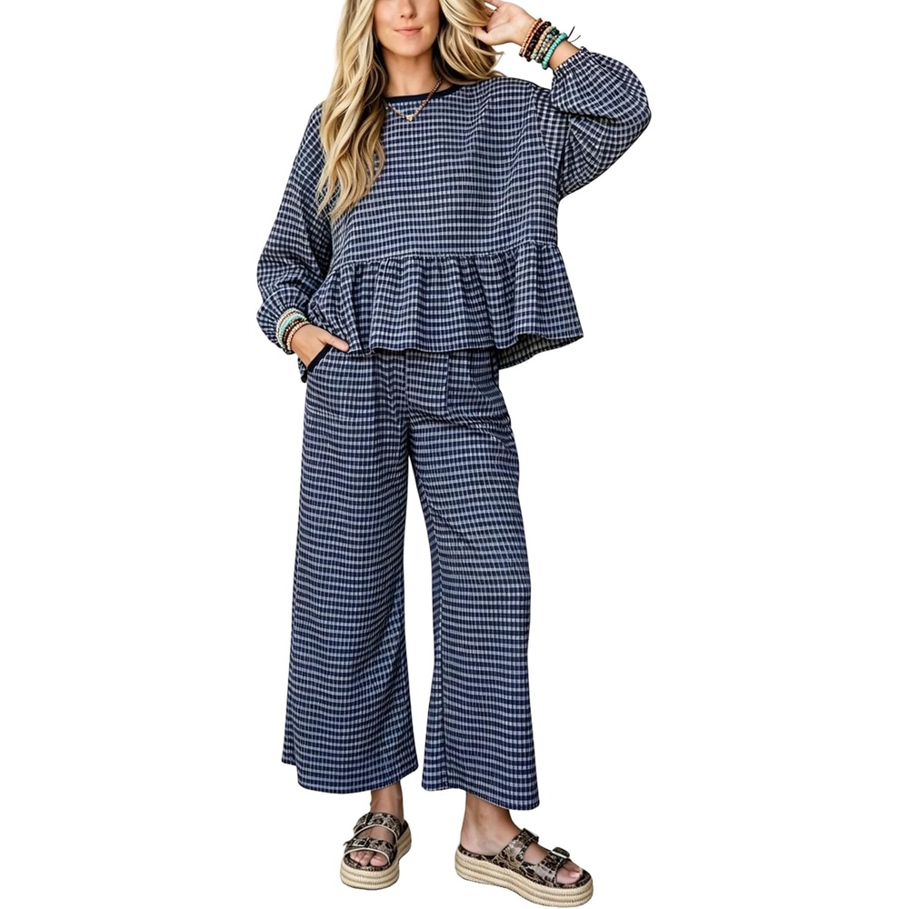 image:imageSpringrain Womens Gingham 2 Piece Outfits Wide Leg Lounge Set Peplum Ruffle Hem Side Pocket Wide Leg Pants Relaxed Balloon Long Sleeves Lightweight Fabric Drawstring Elastic WaistNavy