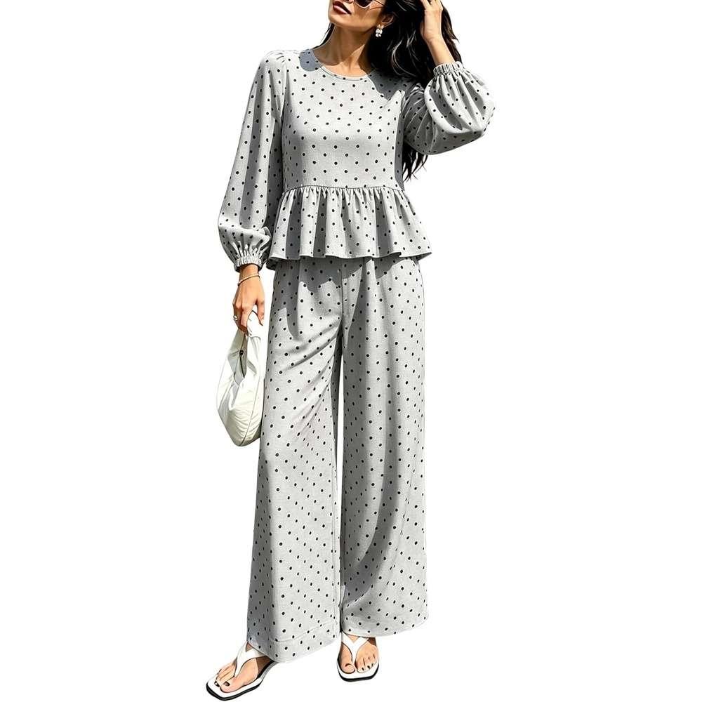 image:imageSpringrain Womens Polka Dot 2 Piece Set Wide Leg Pants Set Soft Breathable 100 Cotton Fabric Flattering Peplum Ruffle Hem Elastic Cuff Balloon Sleeves Functional side pocketsGrey