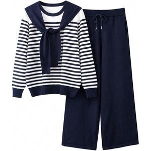 Springrain Women’s 2 Piece Outfits Lounge Sets Knit Sweatsuits | Sailor Collar Striped Long Sleeve Top, Wide Leg Casual Pants, Soft breathable Fabric, Versatile relaxed casual style(Navy)