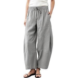 Springrain Women’s Barrel Cotton Linen Pants Drawstring Waist | Lightweight Breathable Material, Functional Button Pockets, Wide Leg Pants for Women Packable for Travel, Multi-Scene Wear(Grey)