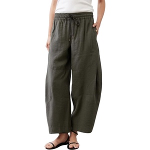 Springrain Women’s Barrel Cotton Linen Pants Drawstring Waist | Lightweight Breathable Material, Functional Button Pockets, Wide Leg Pants for Women Packable for Travel, Multi-Scene Wear(Armygreen)