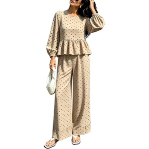 Springrain Women’s Polka Dot 2 Piece Set Wide Leg Pants Set | Soft Breathable 100% Cotton Fabric, Flattering Peplum Ruffle Hem, Elastic Cuff Balloon Sleeves, Functional side pockets(Khaki)