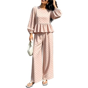 Springrain Women’s Polka Dot 2 Piece Set Wide Leg Pants Set | Soft Breathable 100% Cotton Fabric, Flattering Peplum Ruffle Hem, Elastic Cuff Balloon Sleeves, Functional side pockets(Pink)