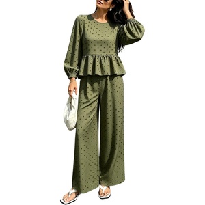 Springrain Women’s Polka Dot 2 Piece Set Wide Leg Pants Set | Soft Breathable 100% Cotton Fabric, Flattering Peplum Ruffle Hem, Elastic Cuff Balloon Sleeves, Functional side pockets(Armygreen)
