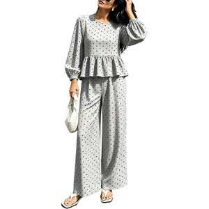 Springrain Women’s Polka Dot 2 Piece Set Wide Leg Pants Set | Soft Breathable 100% Cotton Fabric, Flattering Peplum Ruffle Hem, Elastic Cuff Balloon Sleeves, Functional side pockets(Grey)