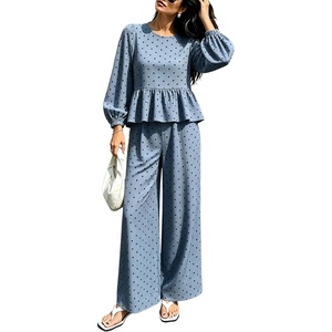 Springrain Women’s Polka Dot 2 Piece Set Wide Leg Pants Set | Soft Breathable 100% Cotton Fabric, Flattering Peplum Ruffle Hem, Elastic Cuff Balloon Sleeves, Functional side pockets(Bluegrey)