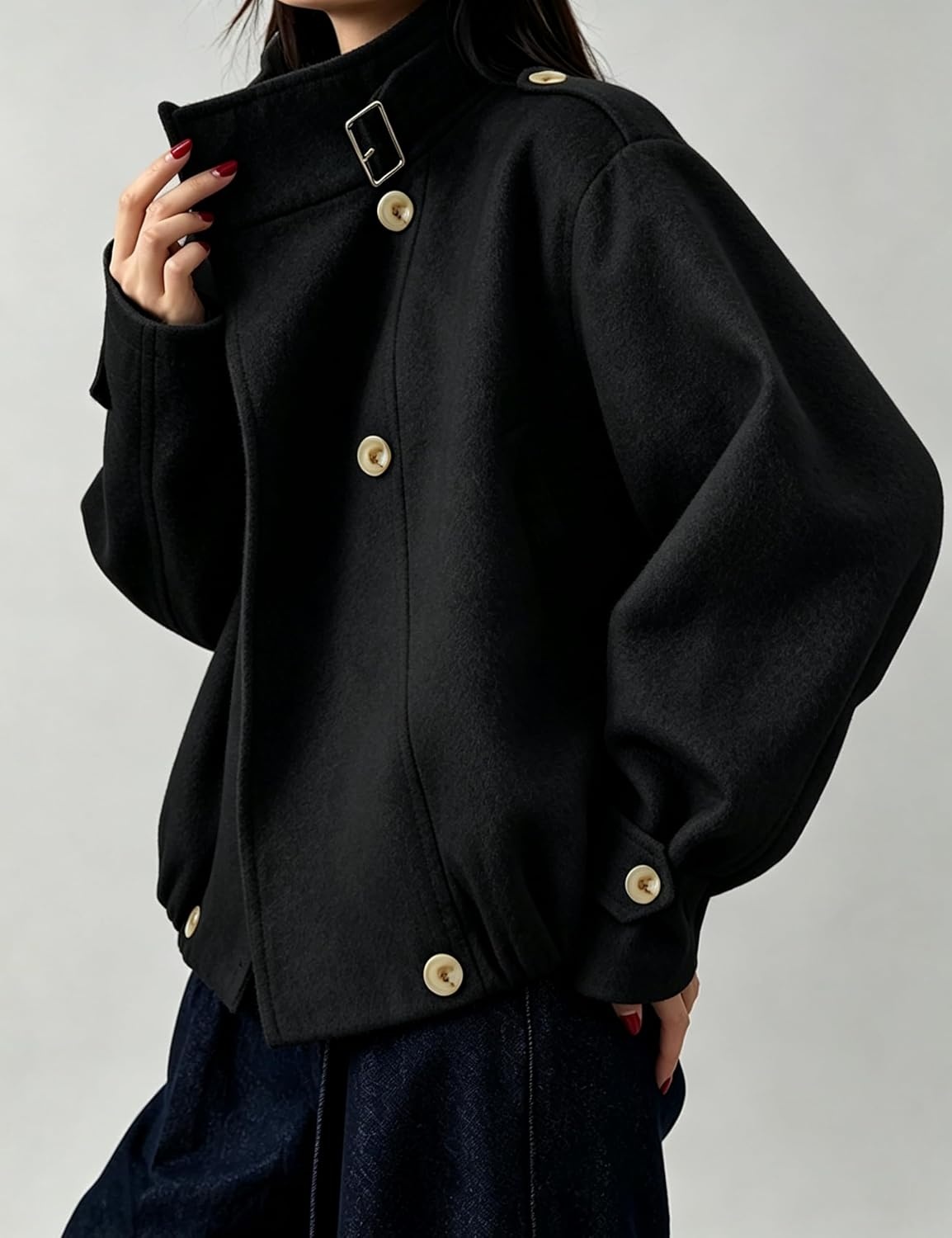 image:imageSpringrain Womens Cropped Wool Blend Fall Winter Coat Jacket Button Adjustable Cuffs Functional Slant Side Pockets Relaxed Drop Shoulder Fit Casual OutwearTurtleneck JacketBlack