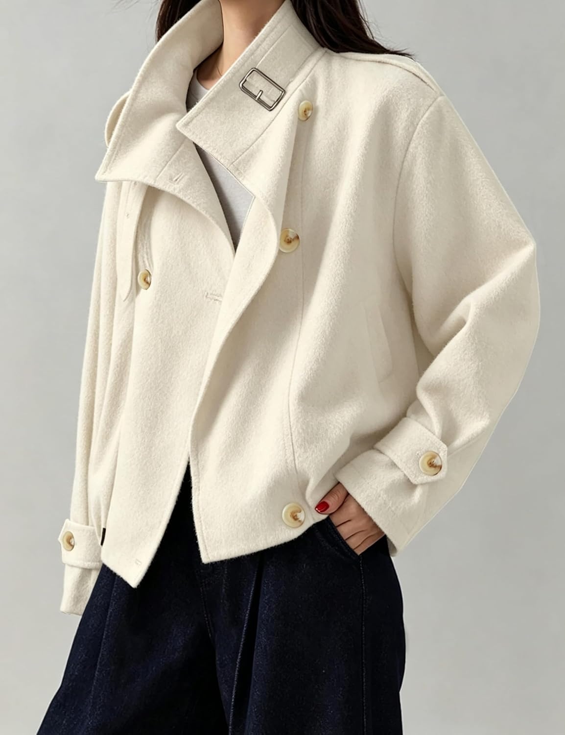 image:imageSpringrain Womens Cropped Wool Blend Fall Winter Coat Jacket Button Adjustable Cuffs Functional Slant Side Pockets Relaxed Drop Shoulder Fit Casual OutwearTurtleneck JacketBeige