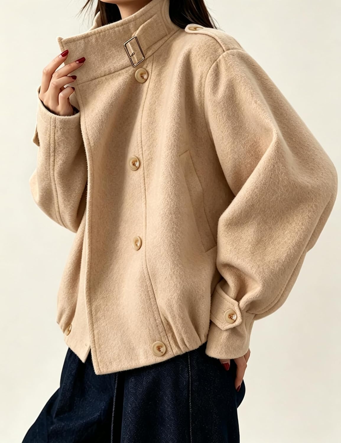 image:imageSpringrain Womens Cropped Wool Blend Fall Winter Coat Jacket Button Adjustable Cuffs Functional Slant Side Pockets Relaxed Drop Shoulder Fit Casual OutwearTurtleneck JacketKhaki