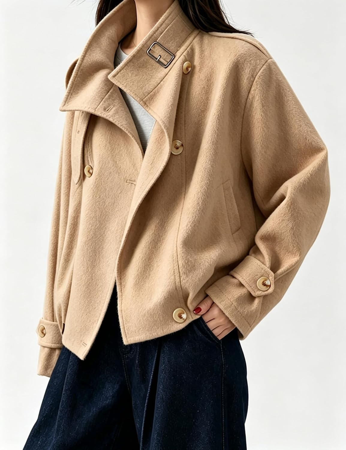 image:imageSpringrain Womens Cropped Wool Blend Fall Winter Coat Jacket Button Adjustable Cuffs Functional Slant Side Pockets Relaxed Drop Shoulder Fit Casual OutwearTurtleneck JacketKhaki