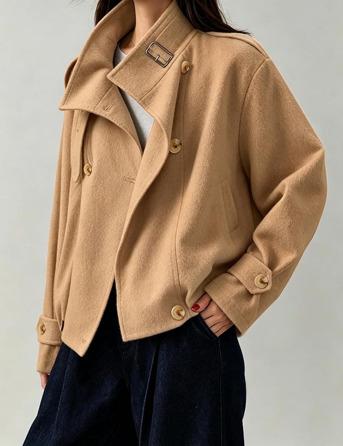 image:imageSpringrain Womens Cropped Wool Blend Fall Winter Coat Jacket Button Adjustable Cuffs Functional Slant Side Pockets Relaxed Drop Shoulder Fit Casual OutwearTurtleneck JacketCamel