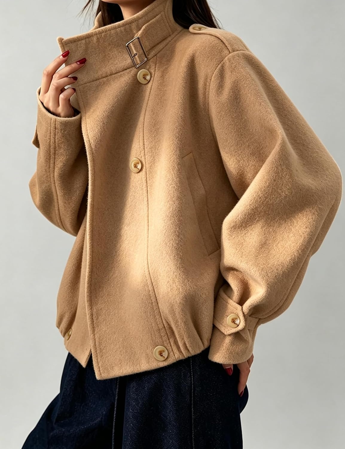 image:imageSpringrain Womens Cropped Wool Blend Fall Winter Coat Jacket Button Adjustable Cuffs Functional Slant Side Pockets Relaxed Drop Shoulder Fit Casual OutwearTurtleneck JacketCamel
