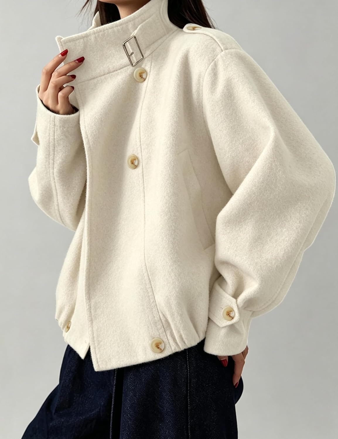 image:imageSpringrain Womens Cropped Wool Blend Fall Winter Coat Jacket Button Adjustable Cuffs Functional Slant Side Pockets Relaxed Drop Shoulder Fit Casual OutwearTurtleneck JacketBeige