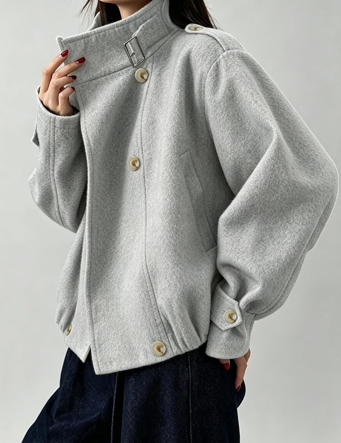 image:imageSpringrain Womens Cropped Wool Blend Fall Winter Coat Jacket Button Adjustable Cuffs Functional Slant Side Pockets Relaxed Drop Shoulder Fit Casual OutwearTurtleneck JacketLightgrey