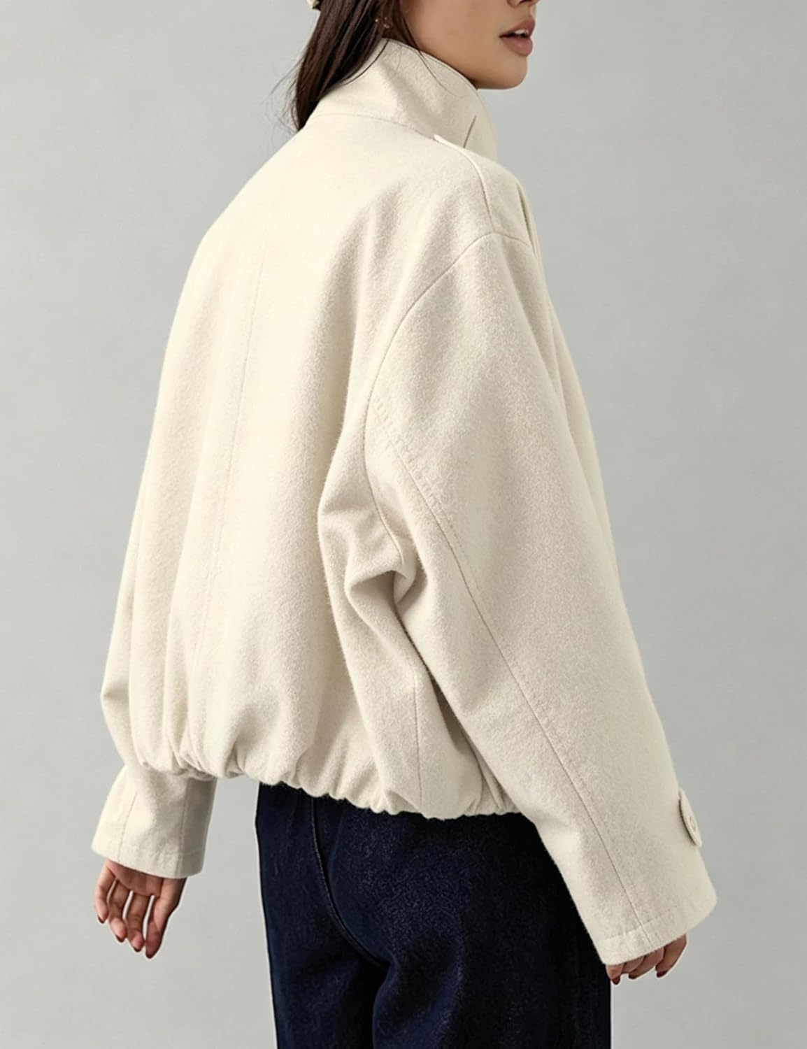 image:imageSpringrain Womens Cropped Wool Blend Fall Winter Coat Jacket Button Adjustable Cuffs Functional Slant Side Pockets Relaxed Drop Shoulder Fit Casual OutwearTurtleneck JacketBeige
