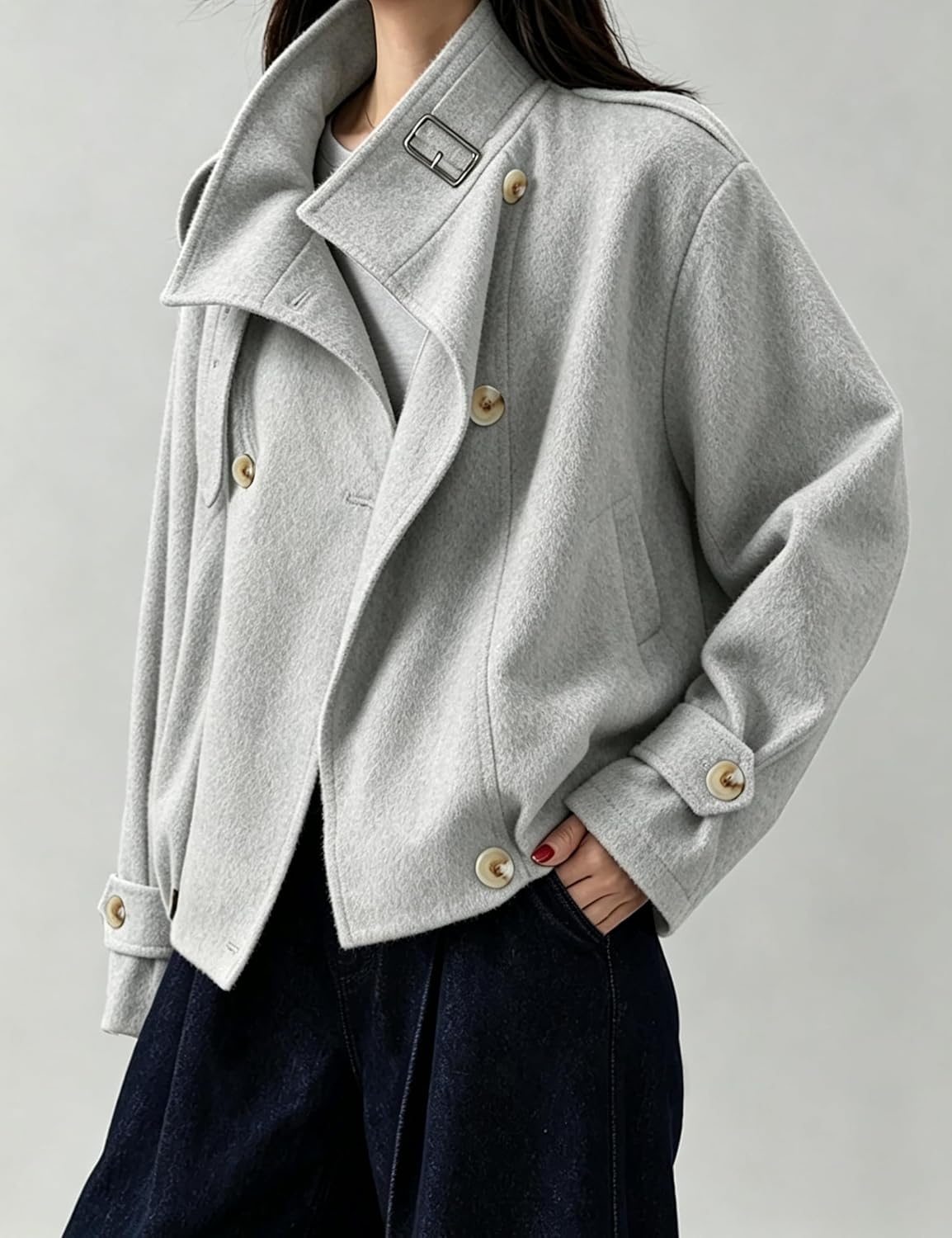 image:imageSpringrain Womens Cropped Wool Blend Fall Winter Coat Jacket Button Adjustable Cuffs Functional Slant Side Pockets Relaxed Drop Shoulder Fit Casual OutwearTurtleneck JacketLightgrey