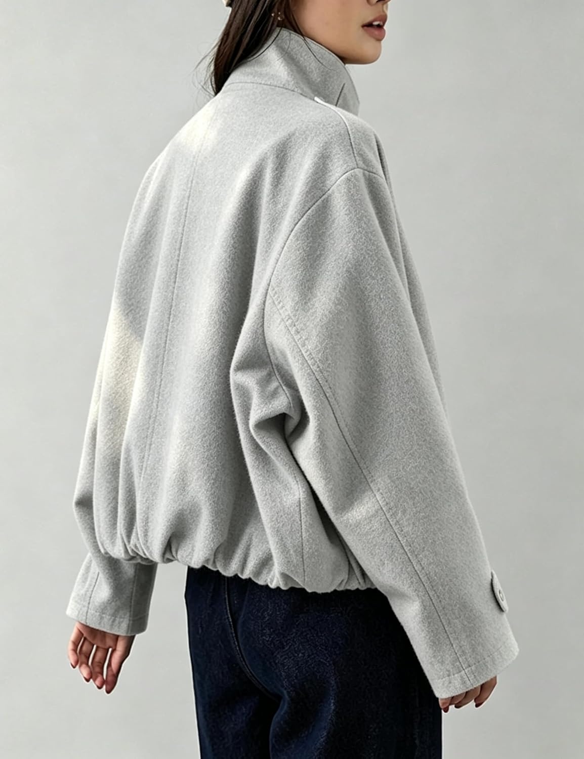 image:imageSpringrain Womens Cropped Wool Blend Fall Winter Coat Jacket Button Adjustable Cuffs Functional Slant Side Pockets Relaxed Drop Shoulder Fit Casual OutwearTurtleneck JacketLightgrey