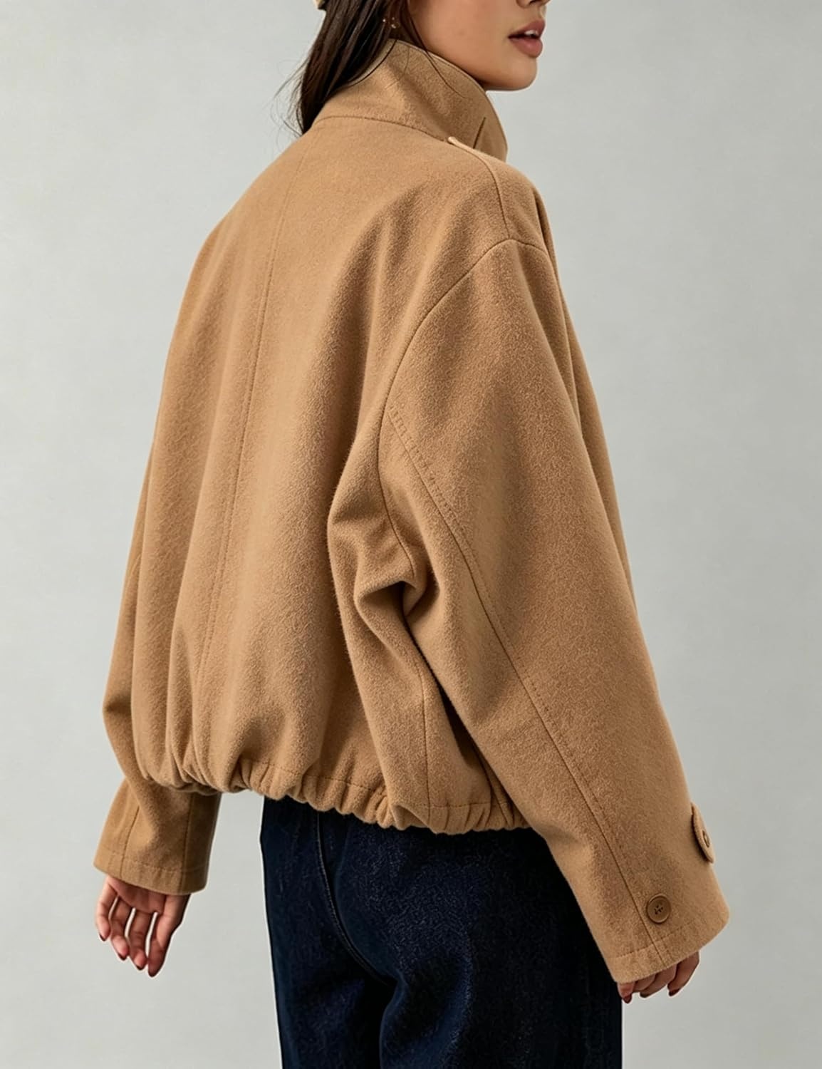 image:imageSpringrain Womens Cropped Wool Blend Fall Winter Coat Jacket Button Adjustable Cuffs Functional Slant Side Pockets Relaxed Drop Shoulder Fit Casual OutwearTurtleneck JacketCamel