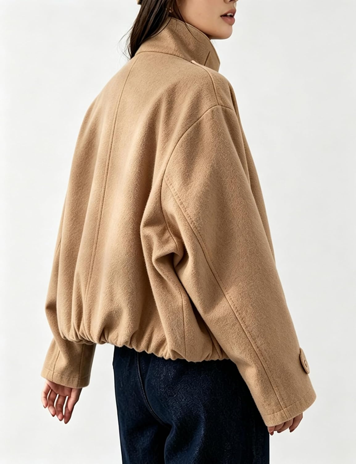 image:imageSpringrain Womens Cropped Wool Blend Fall Winter Coat Jacket Button Adjustable Cuffs Functional Slant Side Pockets Relaxed Drop Shoulder Fit Casual OutwearTurtleneck JacketKhaki