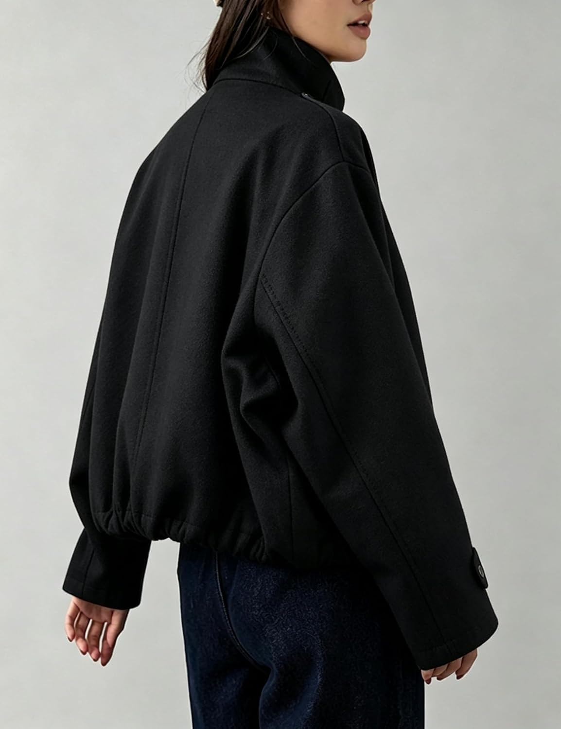 image:imageSpringrain Womens Cropped Wool Blend Fall Winter Coat Jacket Button Adjustable Cuffs Functional Slant Side Pockets Relaxed Drop Shoulder Fit Casual OutwearTurtleneck JacketBlack
