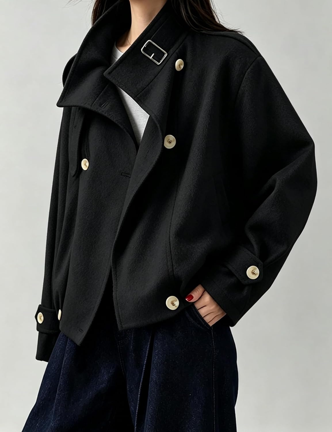 image:imageSpringrain Womens Cropped Wool Blend Fall Winter Coat Jacket Button Adjustable Cuffs Functional Slant Side Pockets Relaxed Drop Shoulder Fit Casual OutwearTurtleneck JacketBlack