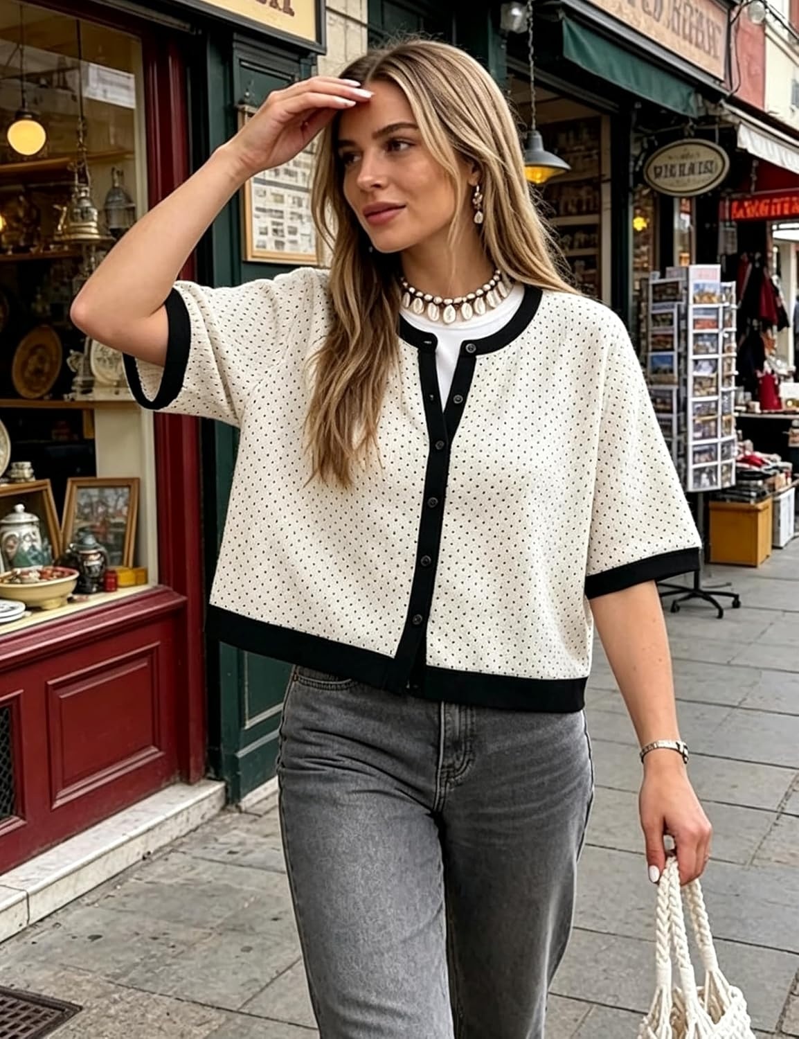 image:imageSpringrain Womens Polka Dot Sweater Cardigan Cotton Knit Top Contrast Binding Trim Button Front Drop Shoulder Cropped Breathable Lightweight Knit Material Loose Casual SilhouetteWhite