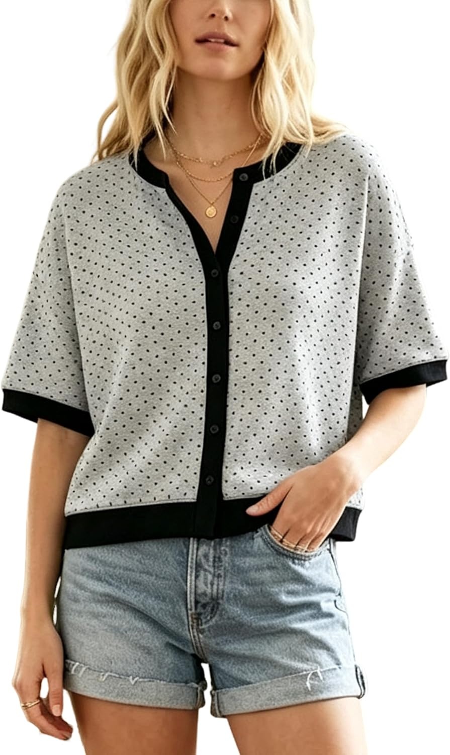 image:imageSpringrain Womens Polka Dot Sweater Cardigan Cotton Knit Top Contrast Binding Trim Button Front Drop Shoulder Cropped Breathable Lightweight Knit Material Loose Casual SilhouetteGrey