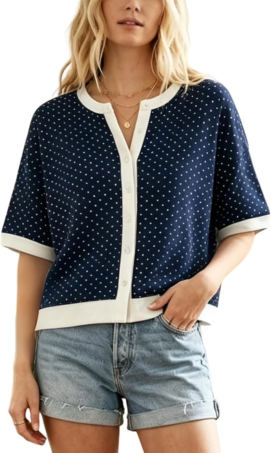 image:imageSpringrain Womens Polka Dot Sweater Cardigan Cotton Knit Top Contrast Binding Trim Button Front Drop Shoulder Cropped Breathable Lightweight Knit Material Loose Casual SilhouetteNavy