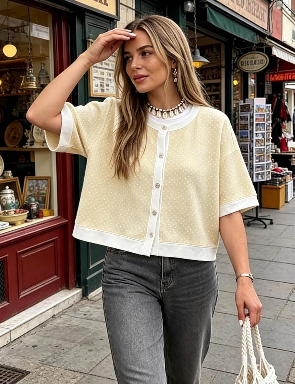image:imageSpringrain Womens Polka Dot Sweater Cardigan Cotton Knit Top Contrast Binding Trim Button Front Drop Shoulder Cropped Breathable Lightweight Knit Material Loose Casual SilhouetteYellow