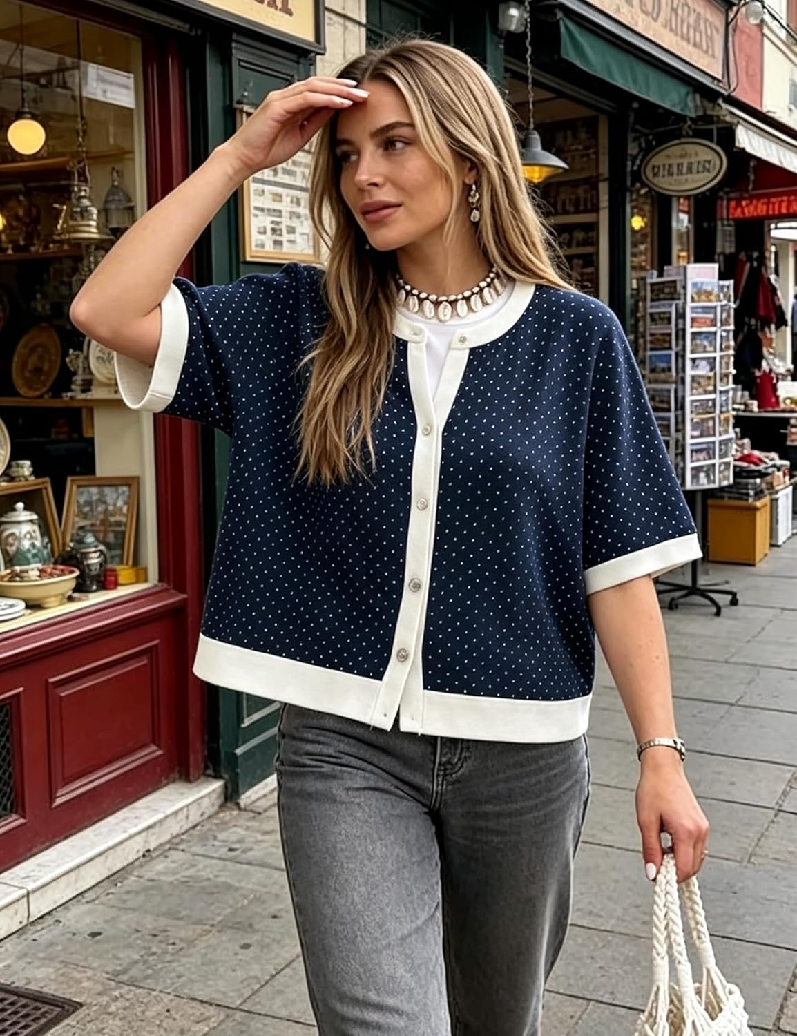 image:imageSpringrain Womens Polka Dot Sweater Cardigan Cotton Knit Top Contrast Binding Trim Button Front Drop Shoulder Cropped Breathable Lightweight Knit Material Loose Casual SilhouetteNavy