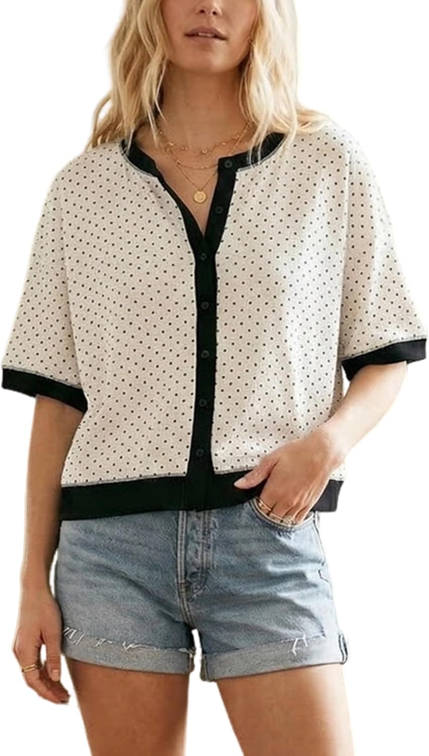 image:imageSpringrain Womens Polka Dot Sweater Cardigan Cotton Knit Top Contrast Binding Trim Button Front Drop Shoulder Cropped Breathable Lightweight Knit Material Loose Casual SilhouetteWhite