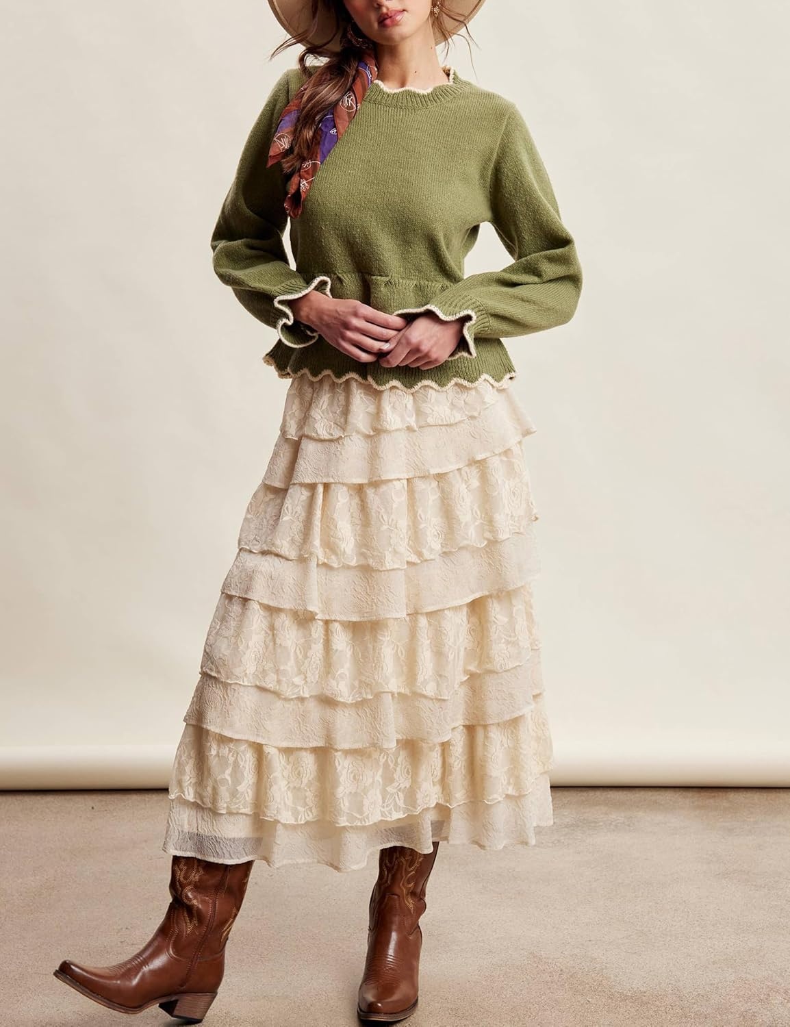image:imageSpringrain Womens Scalloped Peplum Long Sleeve Knit Sweater Crew Neck Lantern ruffled cuffs Contrast wave trim Soft lightweight Top Fall amp Winter wardrobe pieceRibbed TrimArmygreen