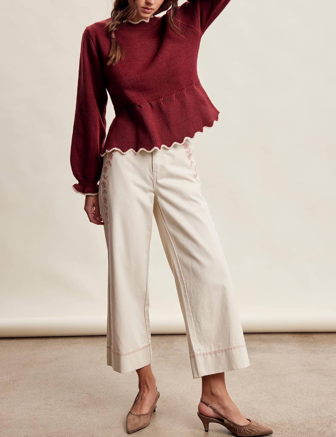 image:imageSpringrain Womens Scalloped Peplum Long Sleeve Knit Sweater Crew Neck Lantern ruffled cuffs Contrast wave trim Soft lightweight Top Fall amp Winter wardrobe pieceRibbed TrimWinered