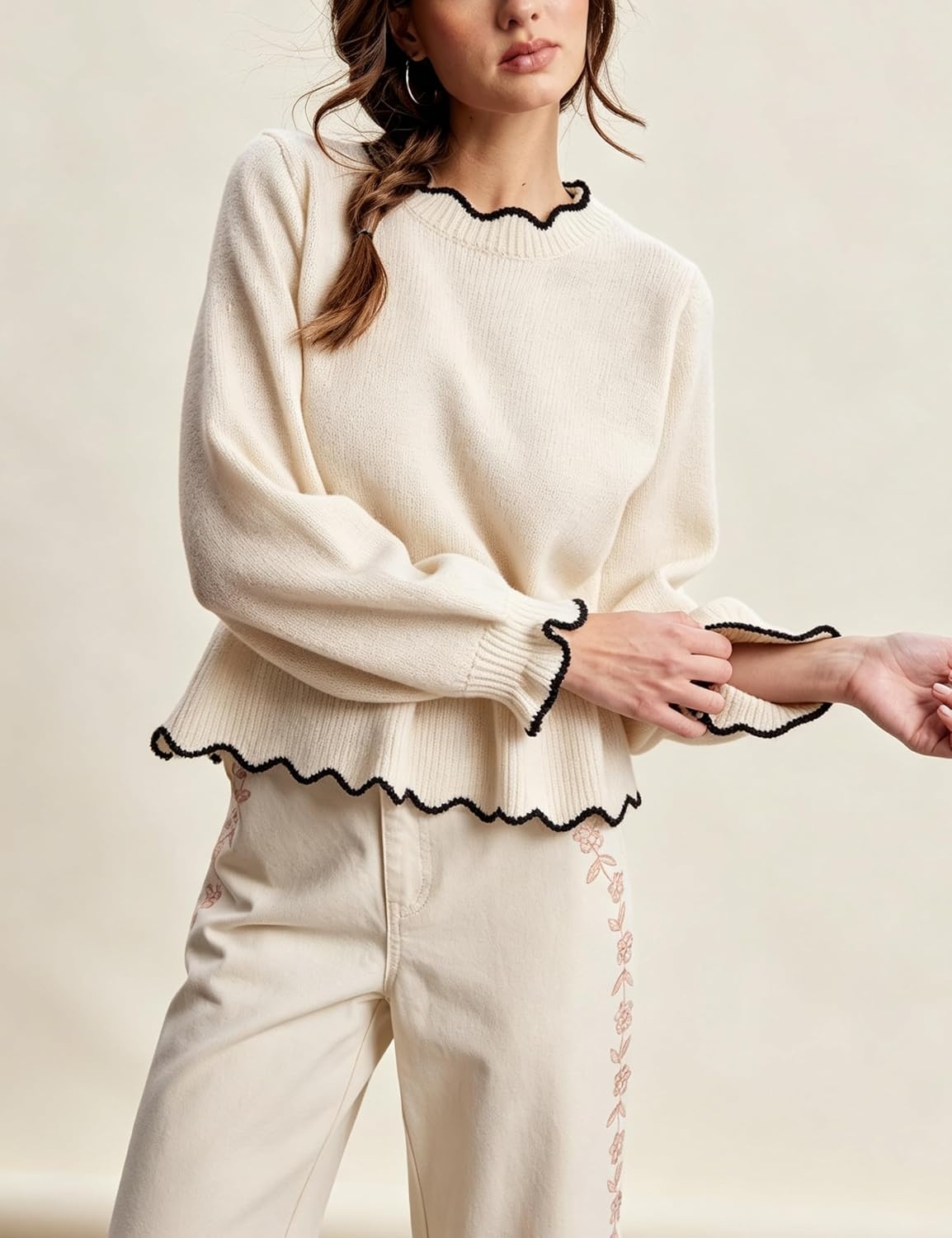image:imageSpringrain Womens Scalloped Peplum Long Sleeve Knit Sweater Crew Neck Lantern ruffled cuffs Contrast wave trim Soft lightweight Top Fall amp Winter wardrobe pieceRibbed TrimBeige