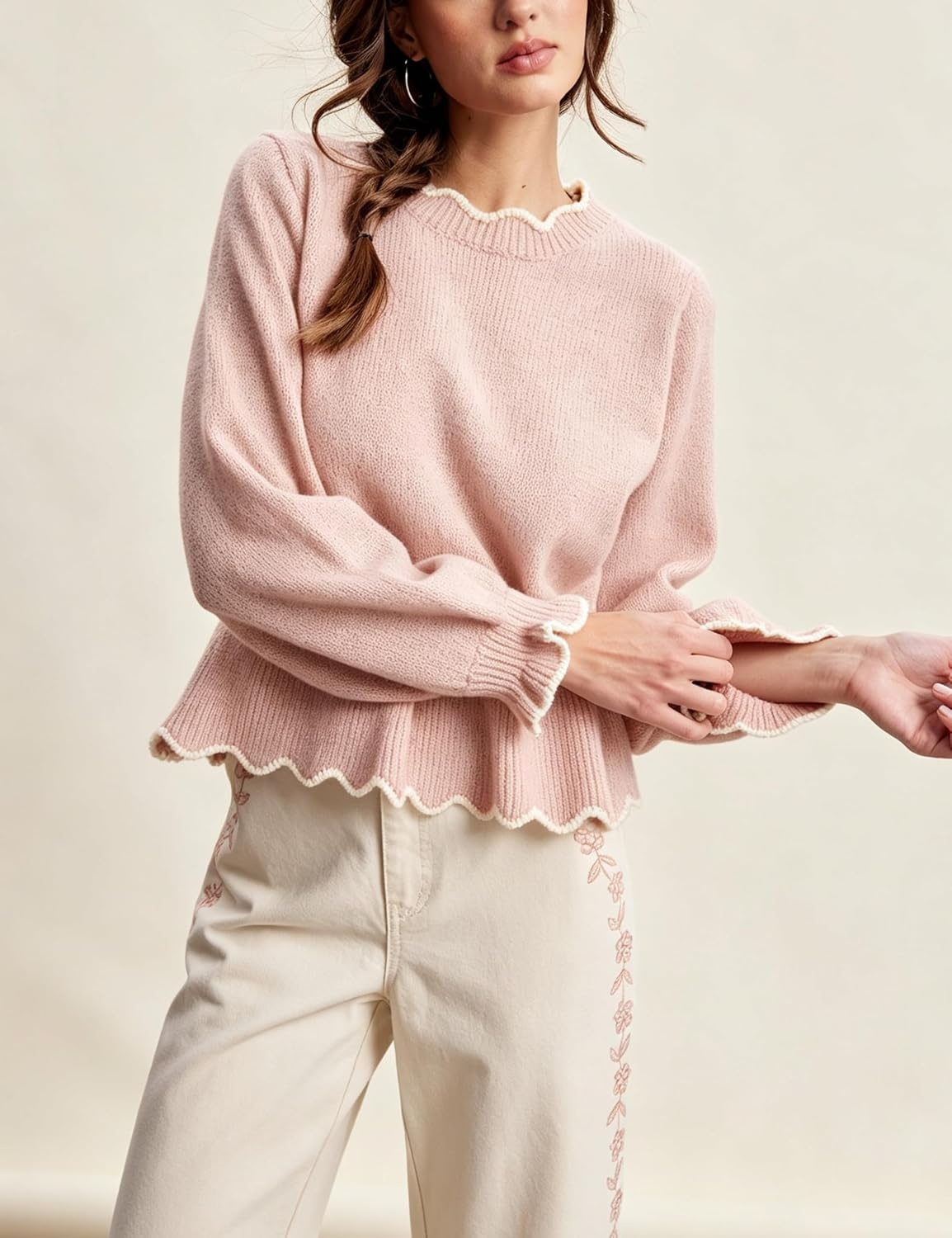 image:imageSpringrain Womens Scalloped Peplum Long Sleeve Knit Sweater Crew Neck Lantern ruffled cuffs Contrast wave trim Soft lightweight Top Fall amp Winter wardrobe pieceRibbed TrimPink